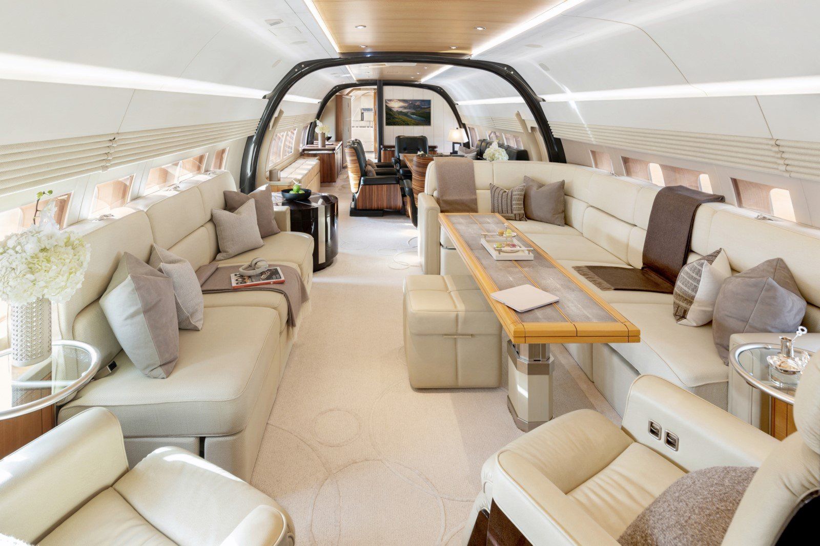 Private jet cabin with club four seating